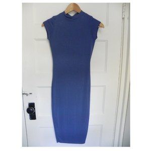 Blue fitted short sleeve mock neck midi dress